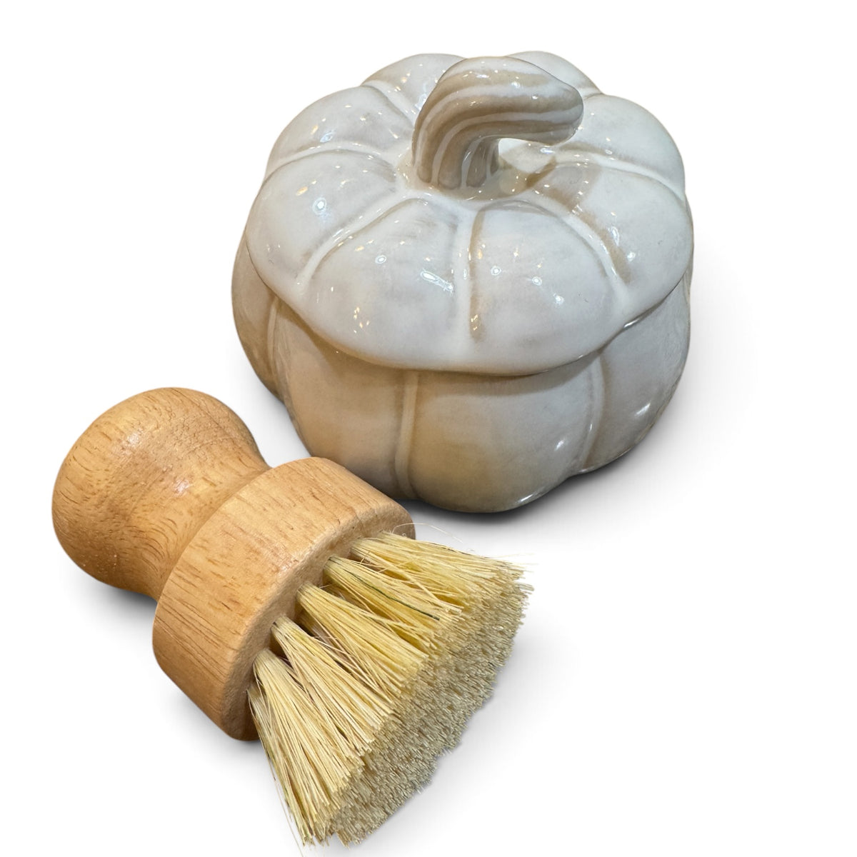 Medium White Pumpkin Soap Ramekin with Lid and Brush