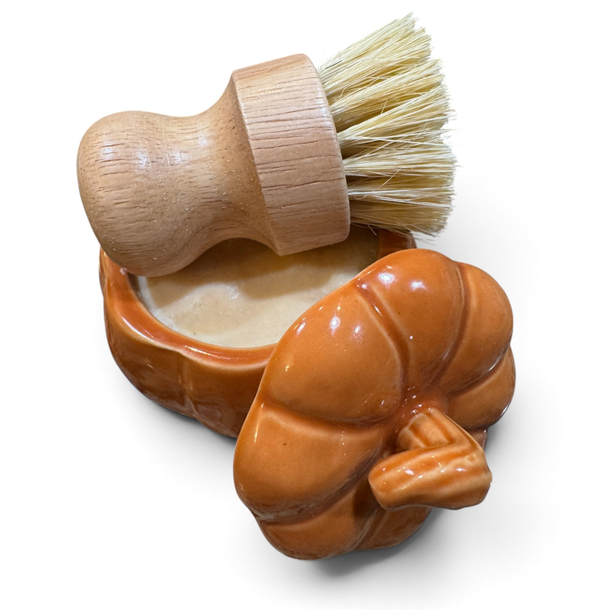 Medium Orange Pumpkin Soap Ramekin with Lid and Brush