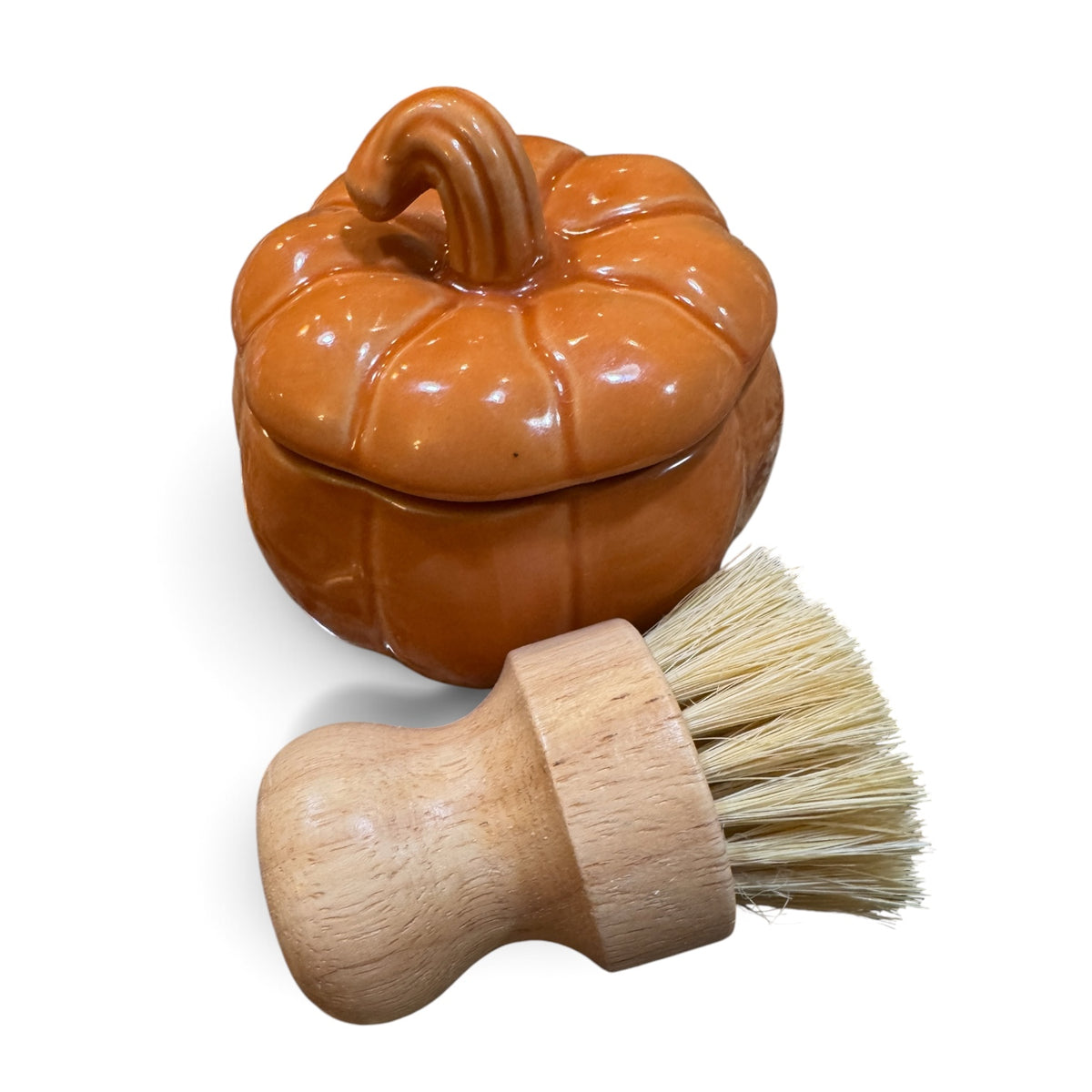 Medium Orange Pumpkin Soap Ramekin with Lid and Brush